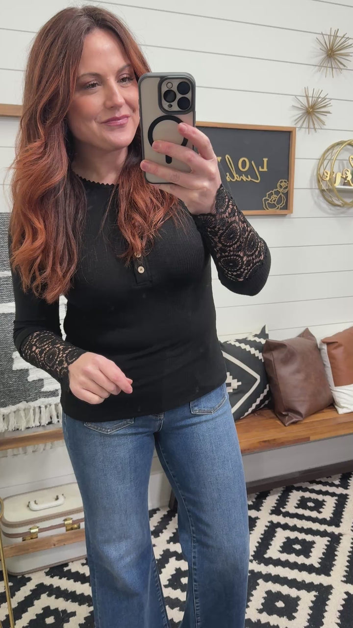 Crochet Lace Sleeve Long Sleeve Button Front Top