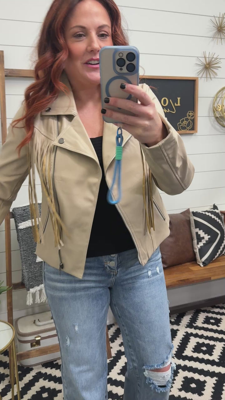 Taupe Faux Leather Fringe Jacket