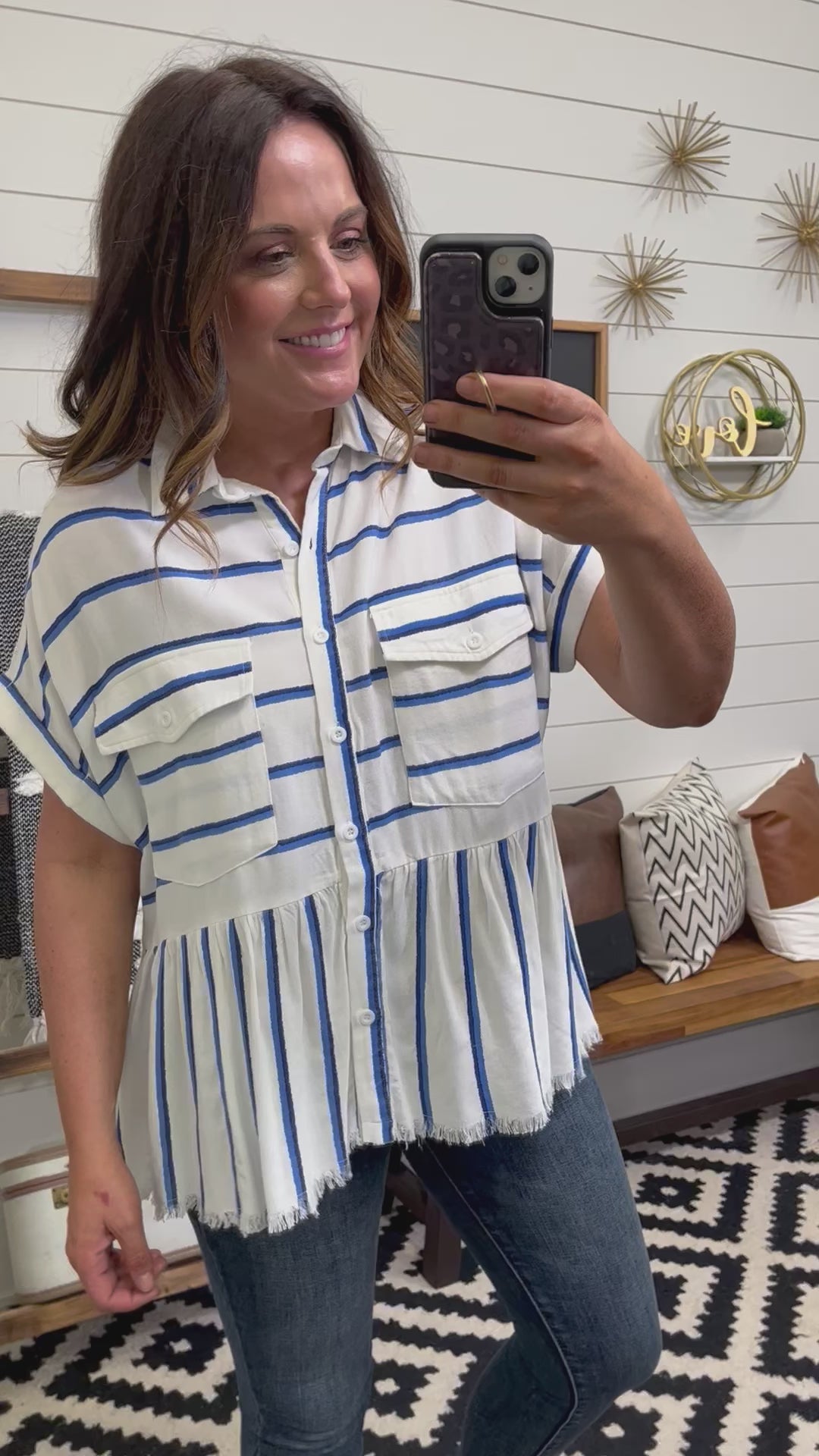 RESTOCKED! Frayed Edge Boxy Tiered Cobalt Stripe Shirt