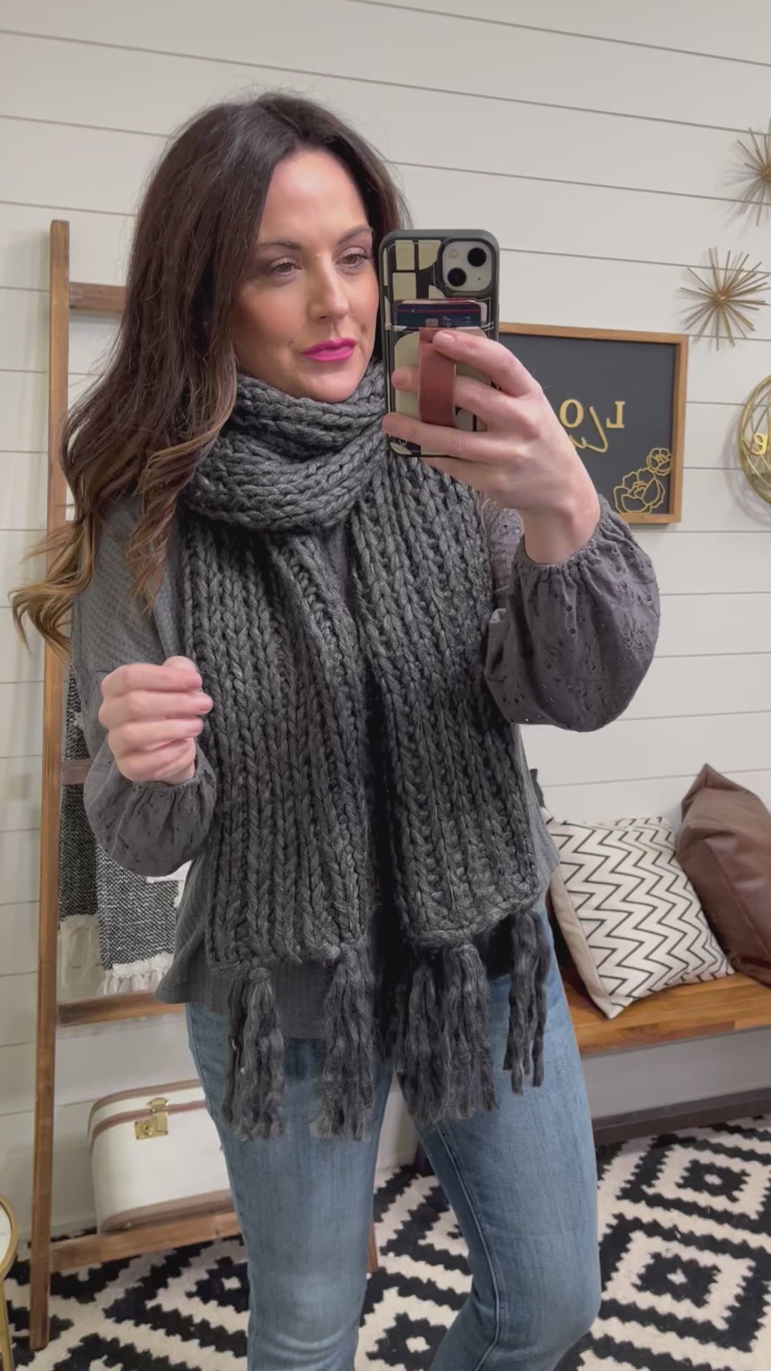 Charcoal Chunky Knit Fringe Scarf