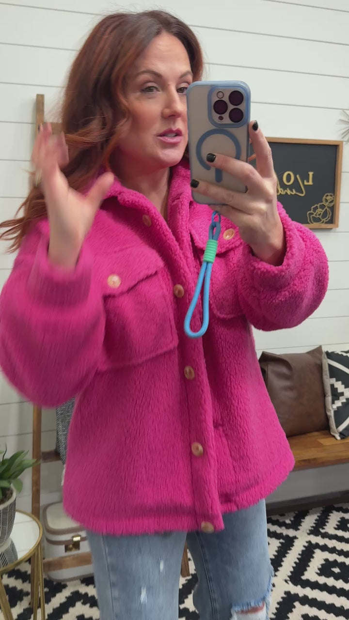 Hot Pink Sherpa Button Up Shacket