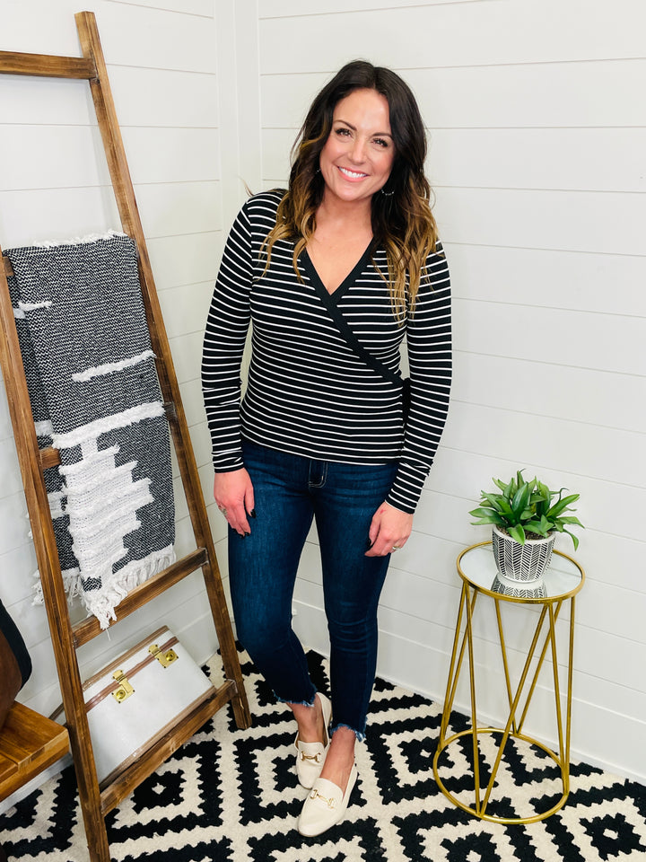 Stripe V Neck Wrap Top