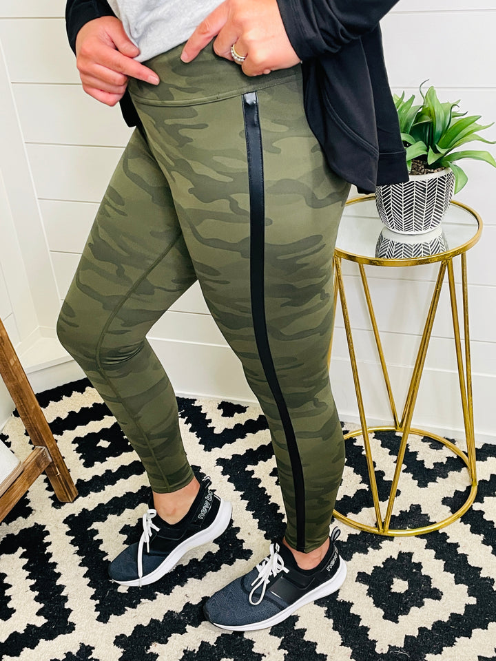 Camo Faux Leather Side Stripe Activewear Leggings