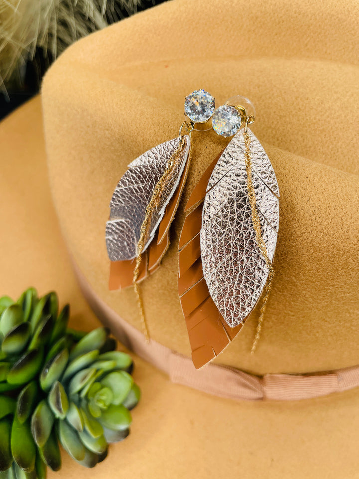 Fringe Feather Leather and Metal Earrings