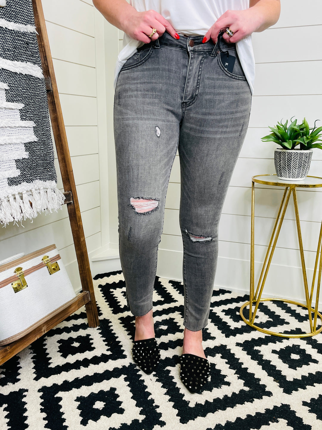 FINAL FEW! Risen: Grey Mid Risen Raw Hem Relaxed Fit Skinny w/ Slit