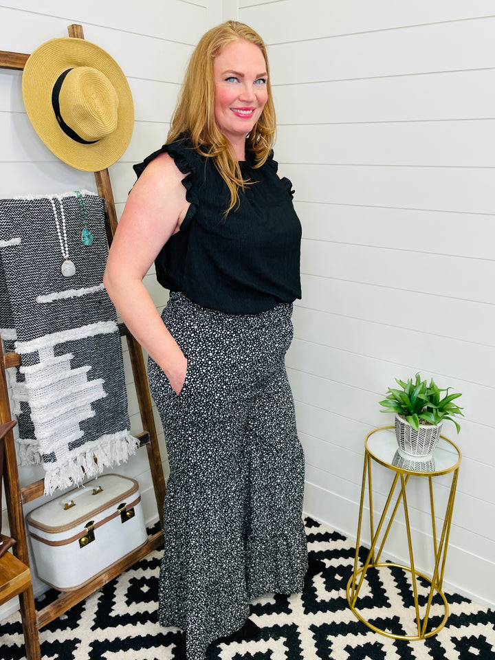 Wide Leg Floral Ruffle Pant: 3 Colors