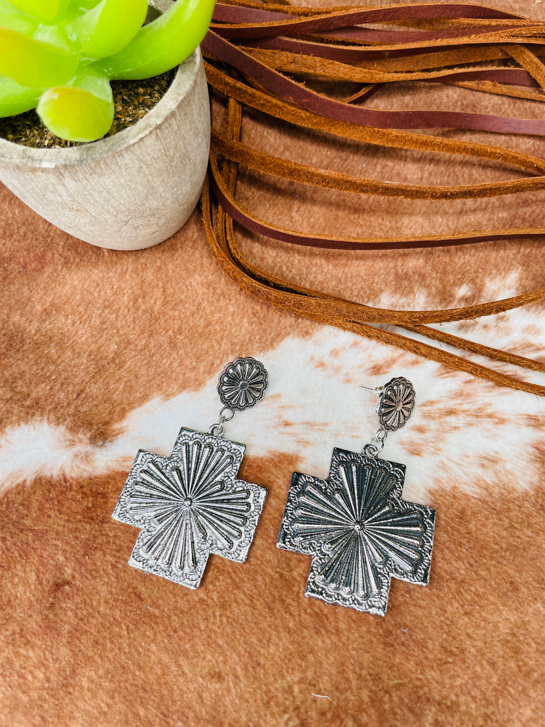 Silver Boho Cross Earrings