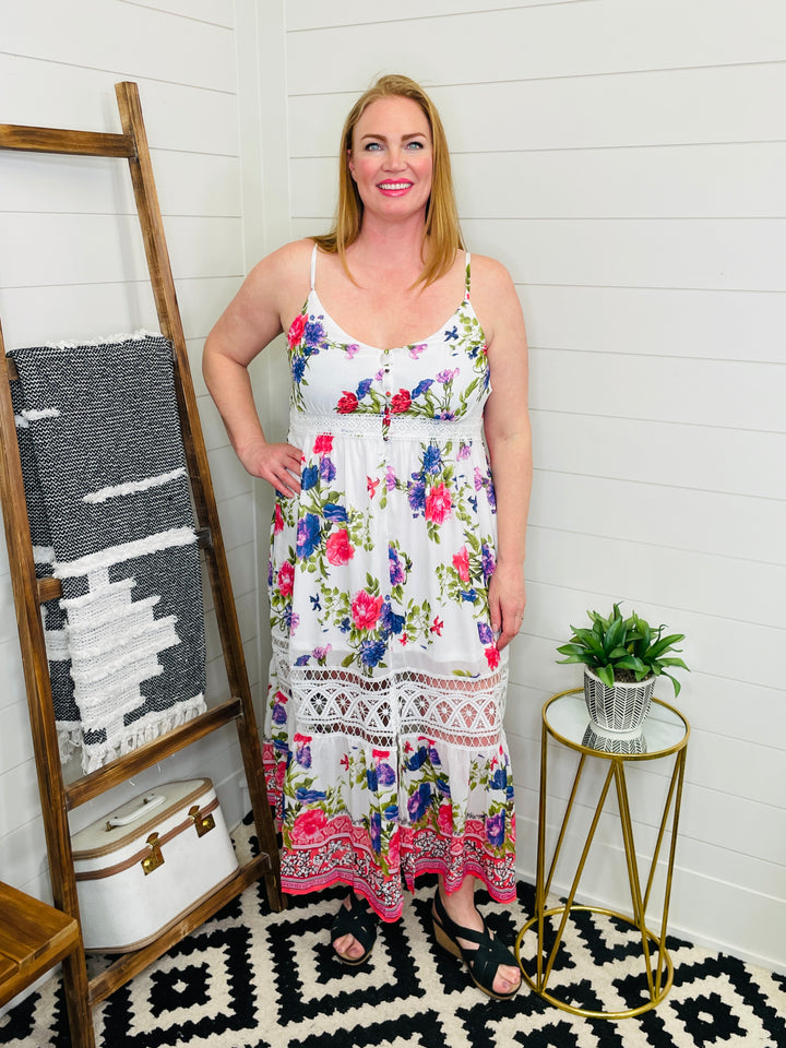 Boho Beauty Floral Maxi Dress with Buttons and Lace