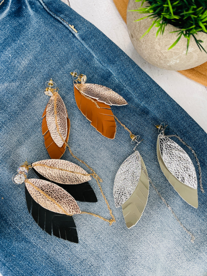 Fringe Feather Leather and Metal Earrings