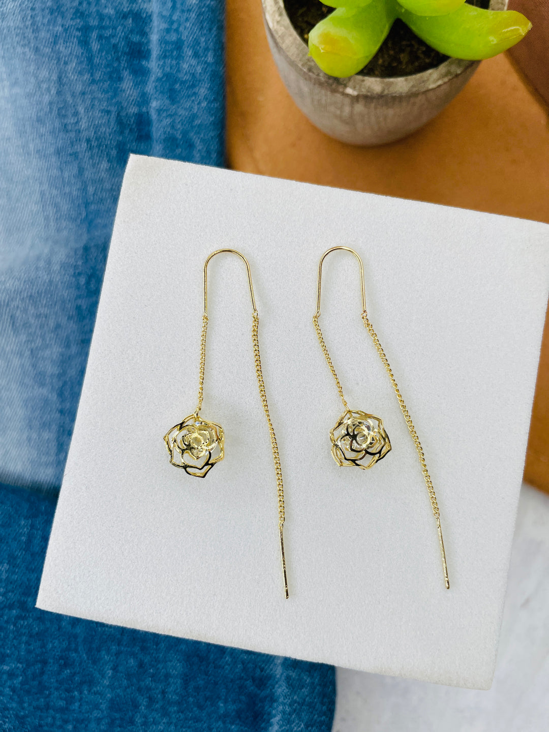 Gold Rose Dangle Earrings