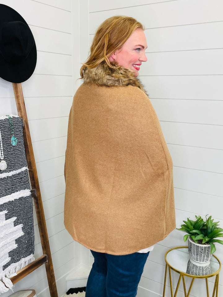 Country Club Chic Caramel Faux Fur Trimmed Cape