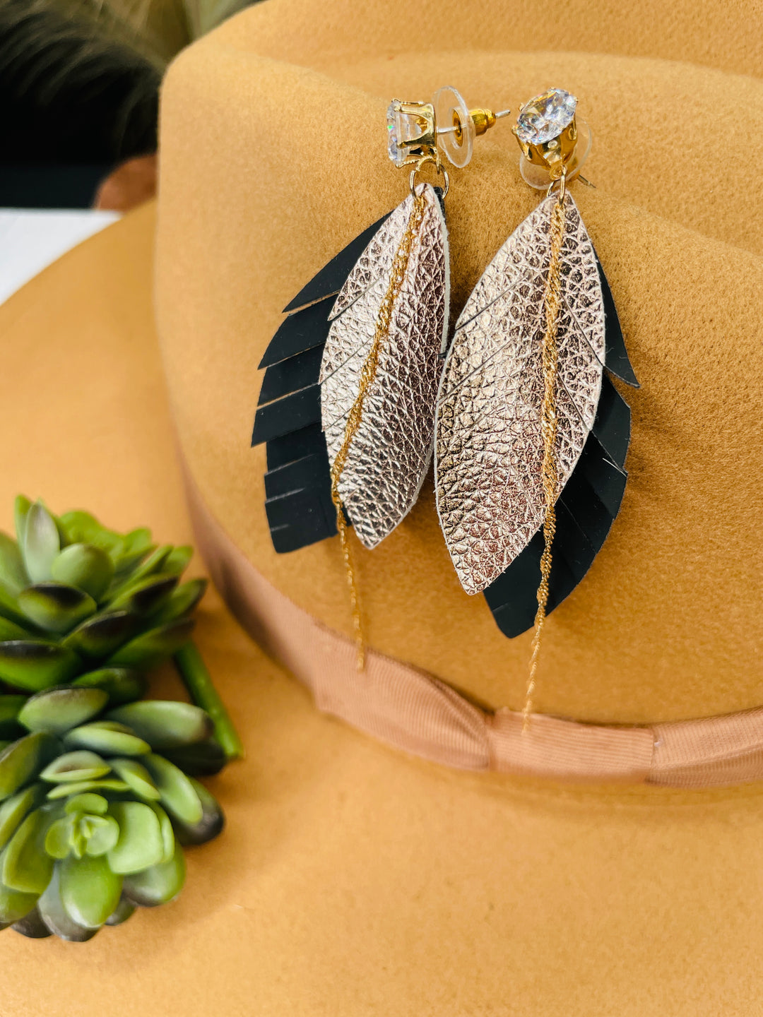 Fringe Feather Leather and Metal Earrings