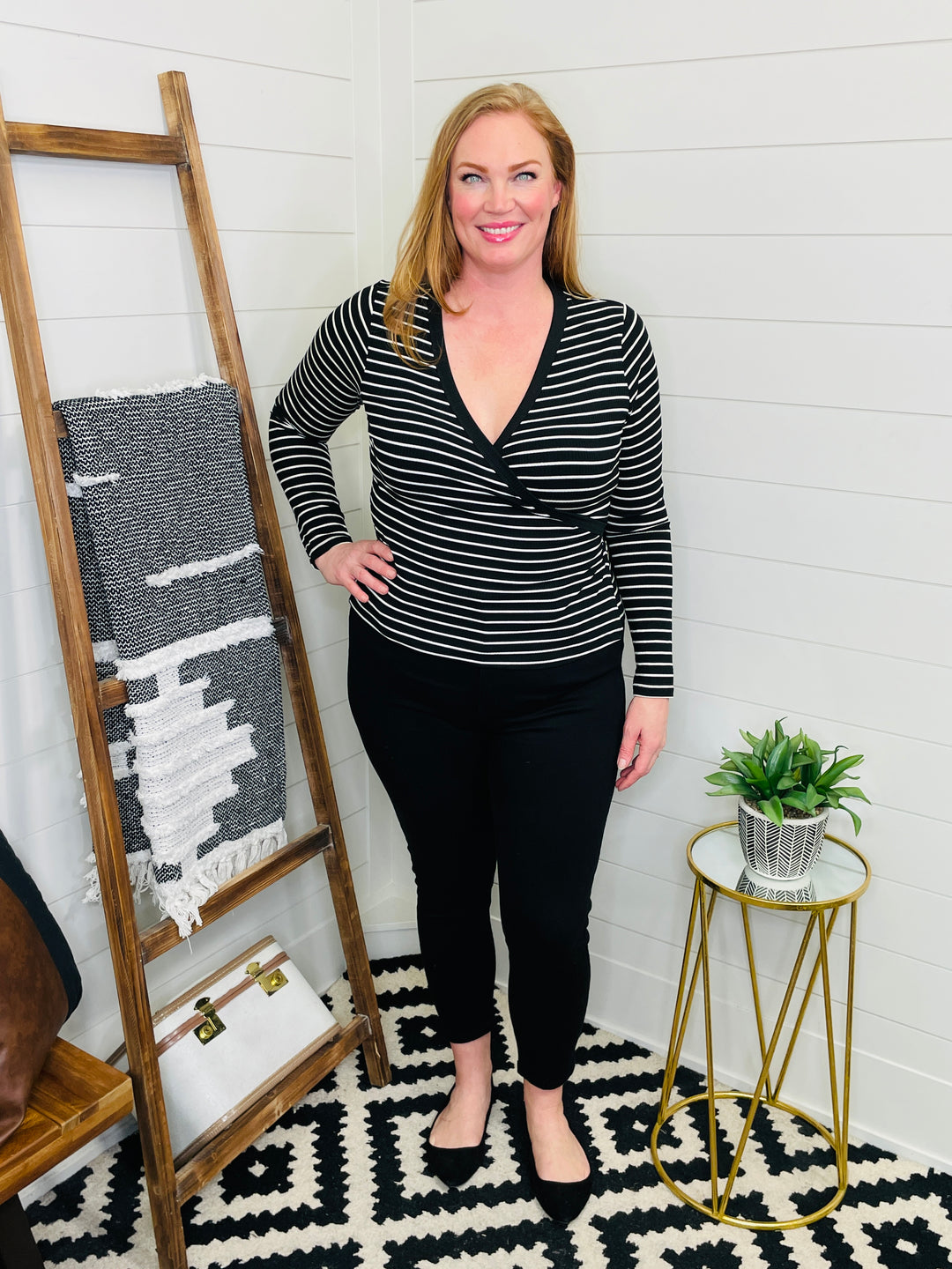 Stripe V Neck Wrap Top