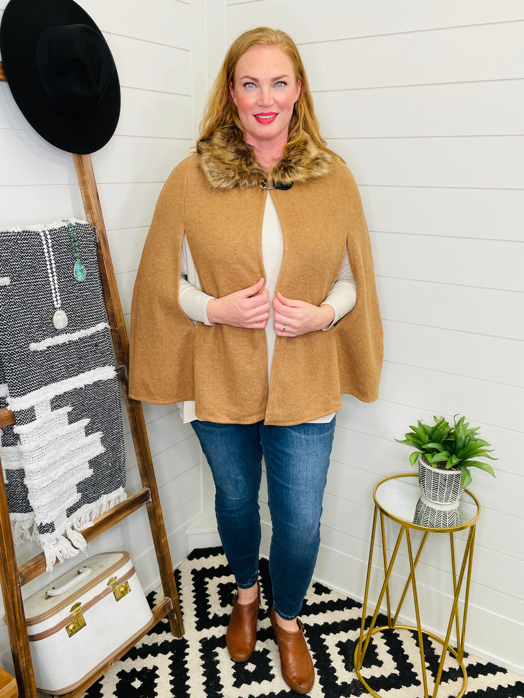 Country Club Chic Caramel Faux Fur Trimmed Cape