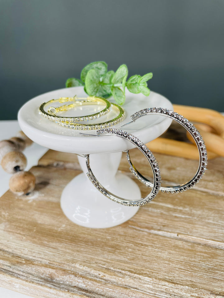Sterling Silver Bling Rhinestone Hoop Earrings: 2 Colors