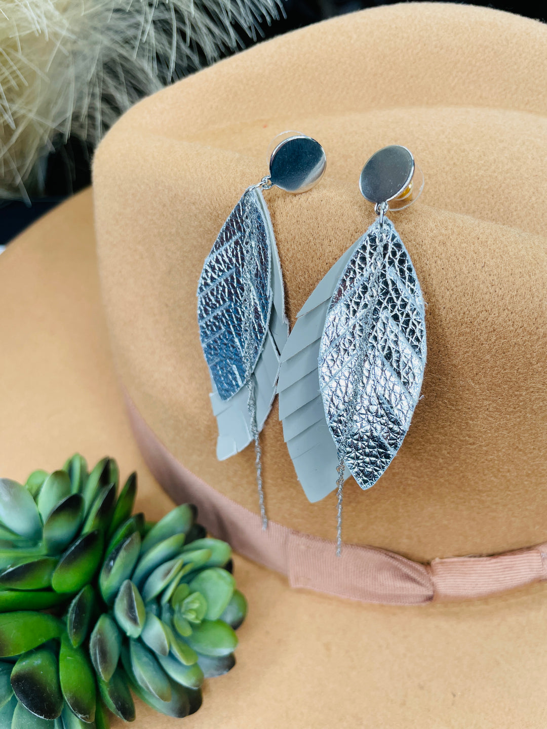 Fringe Feather Leather and Metal Earrings