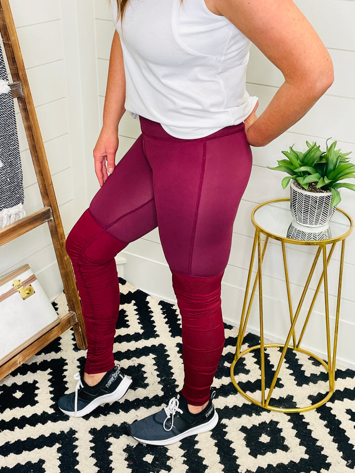 Mixed Texture Burgundy Ruched Leggings