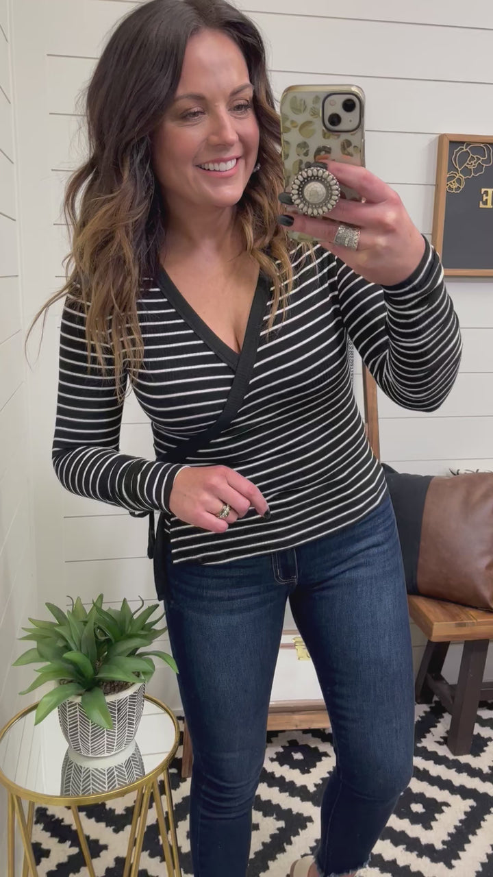 Stripe V Neck Wrap Top