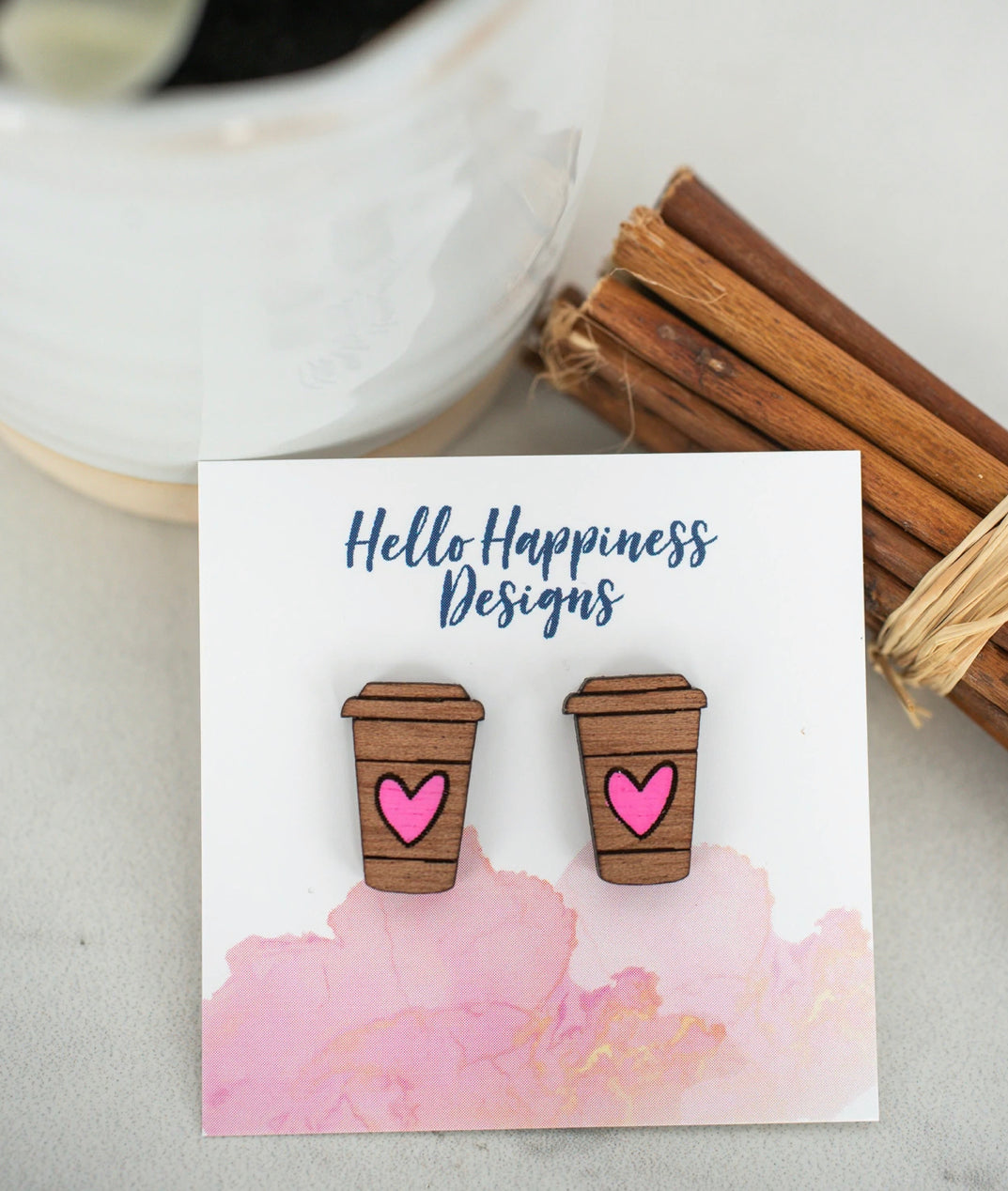 Coffee Cup Wood Stud Earrings