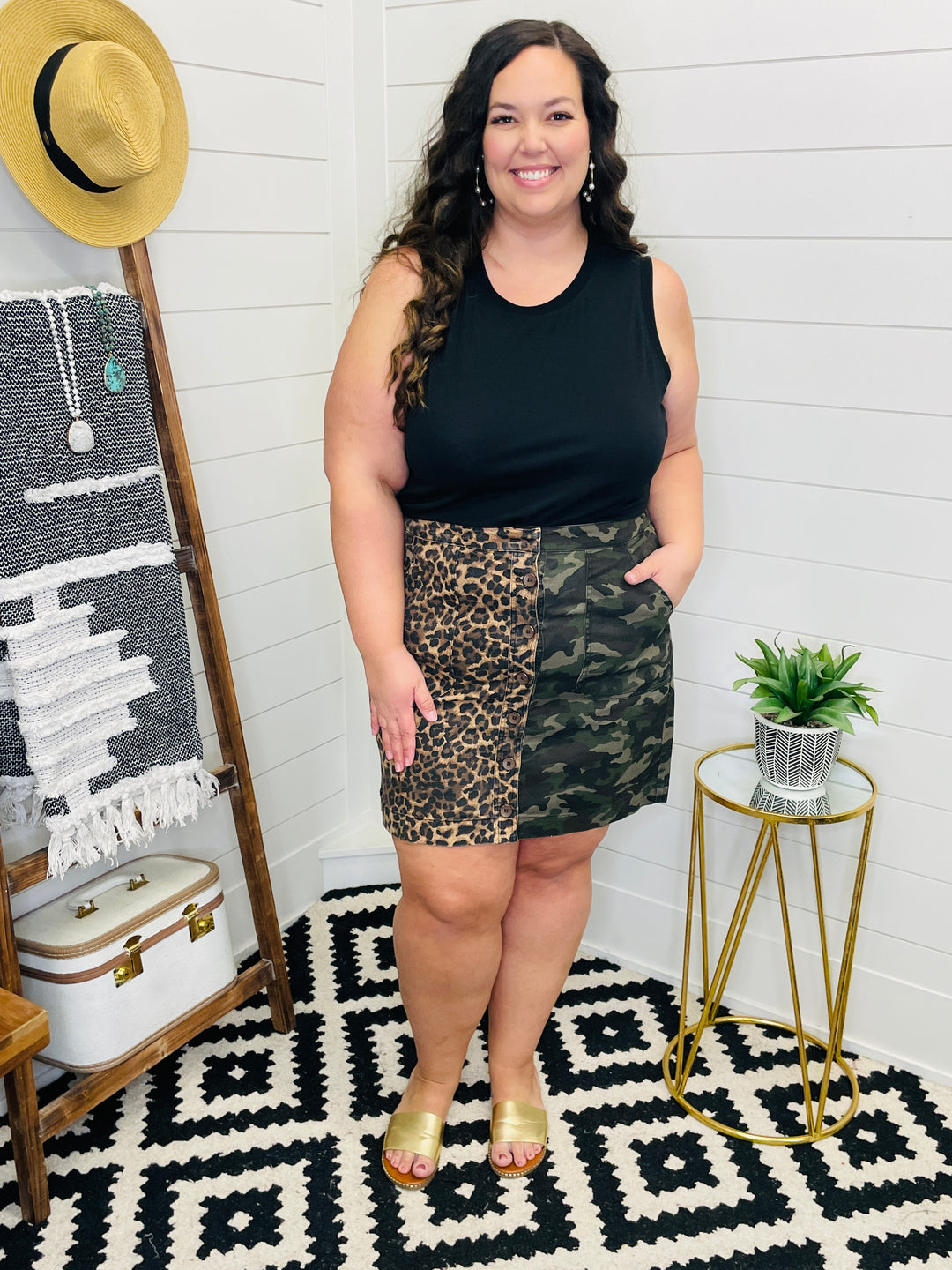 Camo and Leopard Button Front Skirt