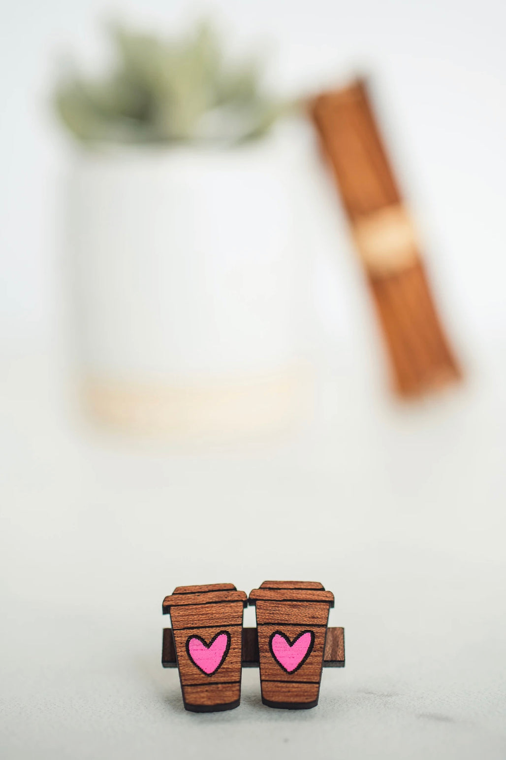 Coffee Cup Wood Stud Earrings