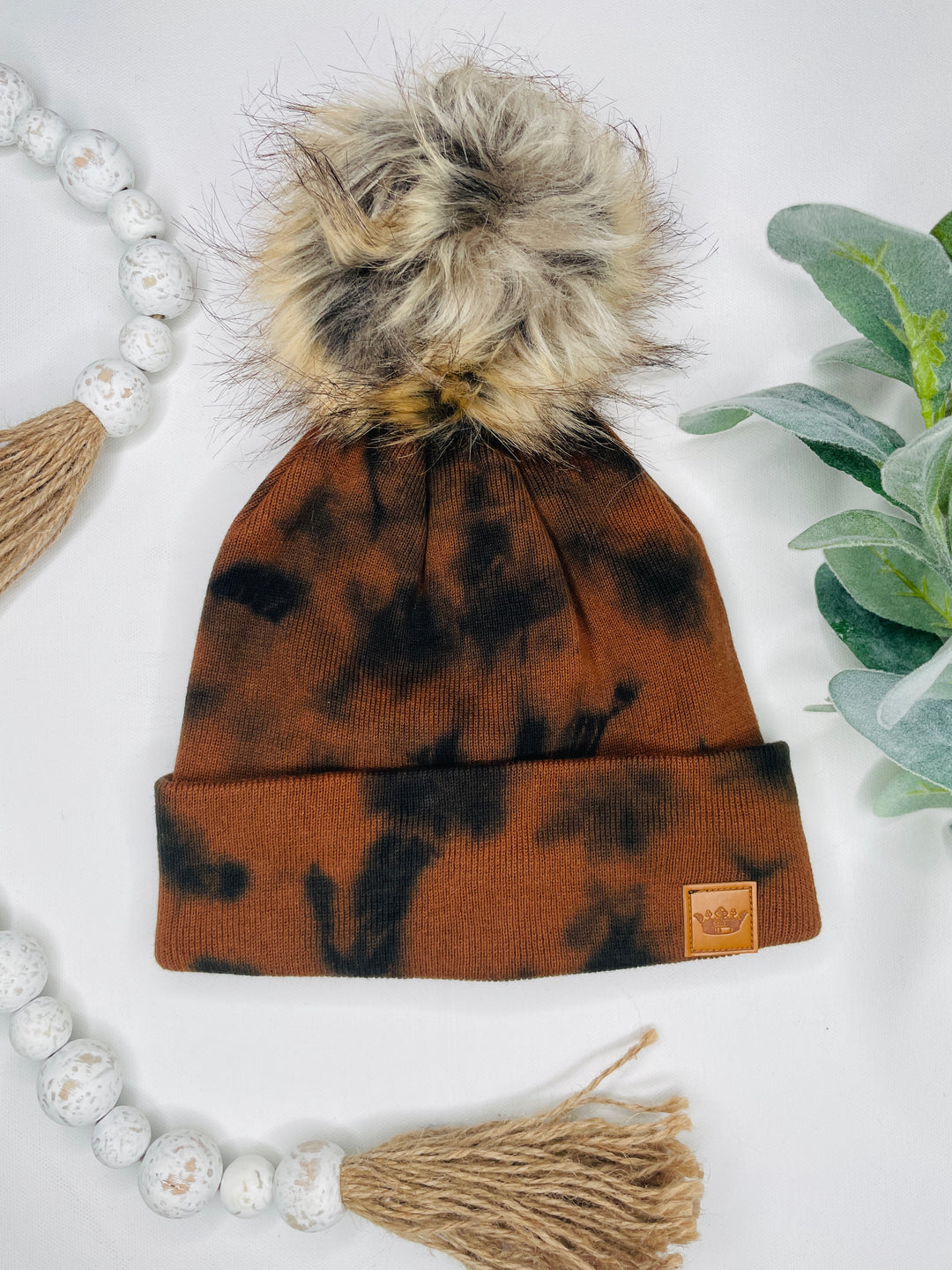 Neutrals Tie Dye Knit Pom Beanie