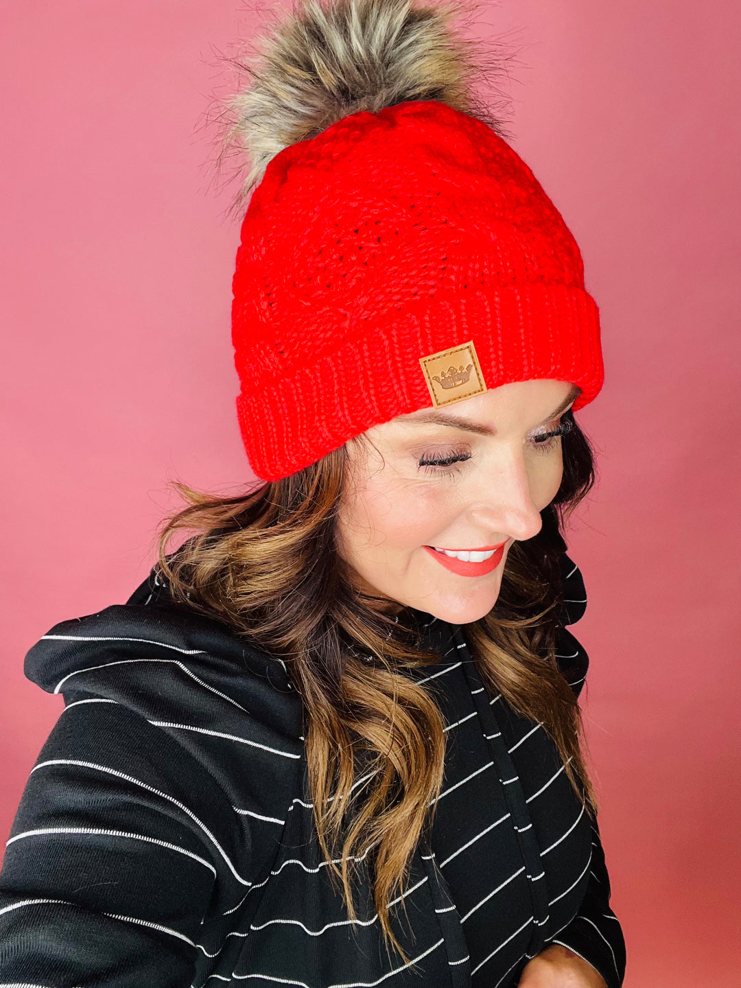 Red Coral Fleece Lined Faux Fur Pom Beanie