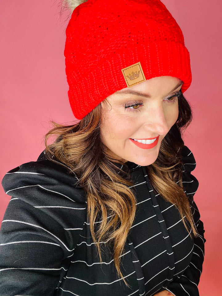 Red Coral Fleece Lined Faux Fur Pom Beanie